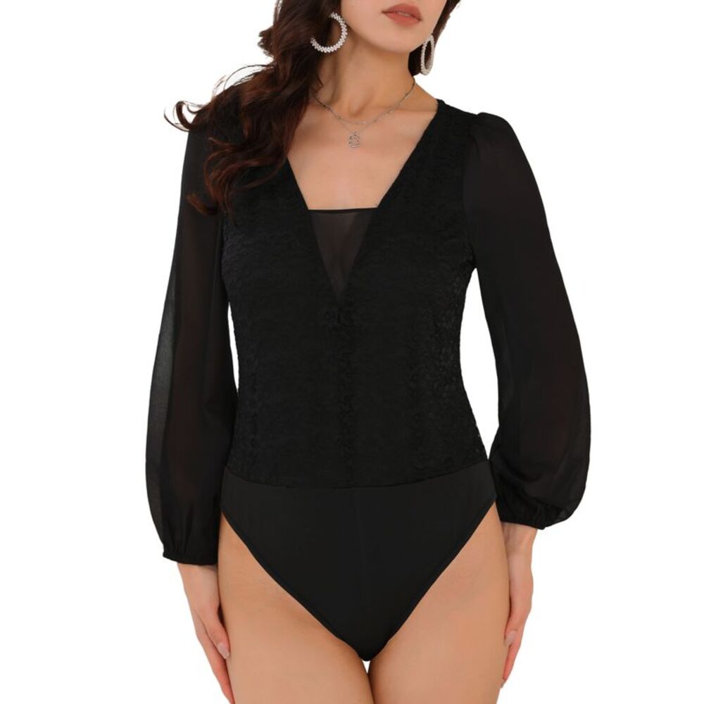 Lace V Neck Chiffon Puff Sleeve Formal Leotard Bodysuit Tops Black